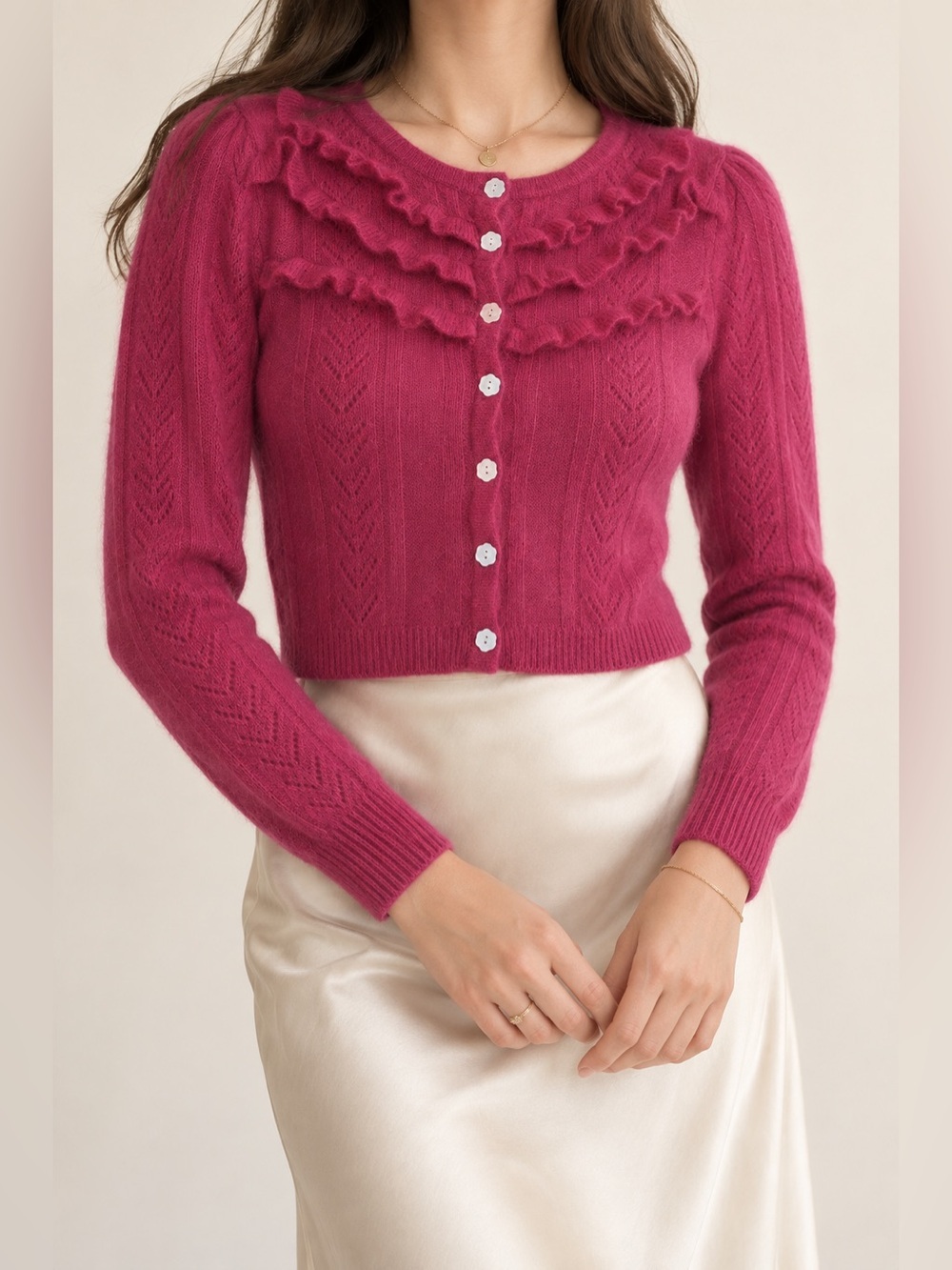 Topin Angora Wool Blend Ruffle Cardigan Raspberry Pink Grandmacore Coquette S